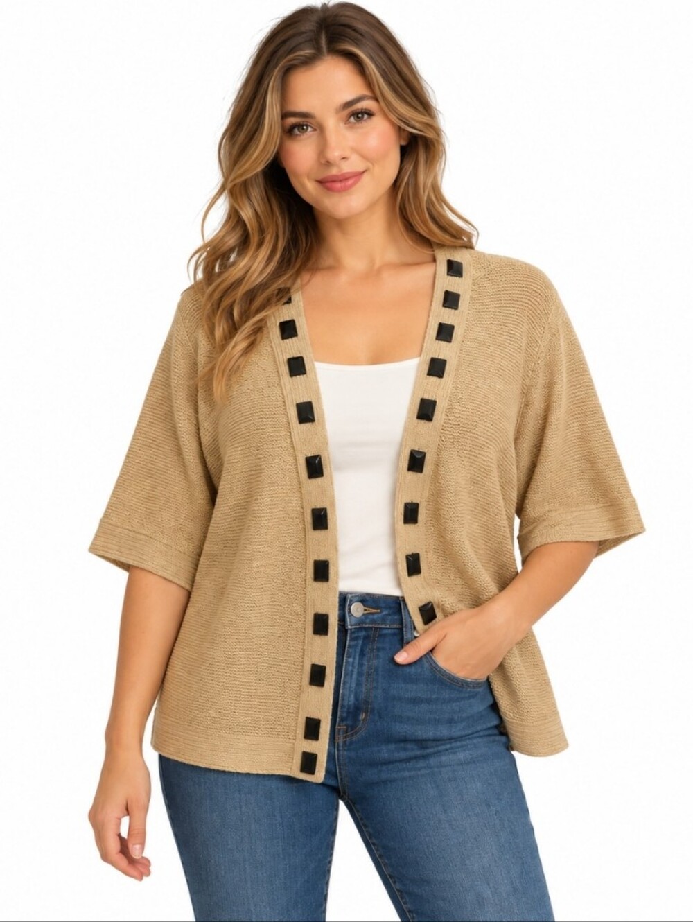 Evan Picone Tan Blackstone Vintage Chunky Knit Fall Cardigan Size 2X